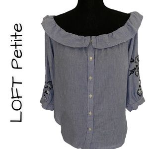 LOFT PETITE Sailor style top with floral embroidery, Size Small Petite